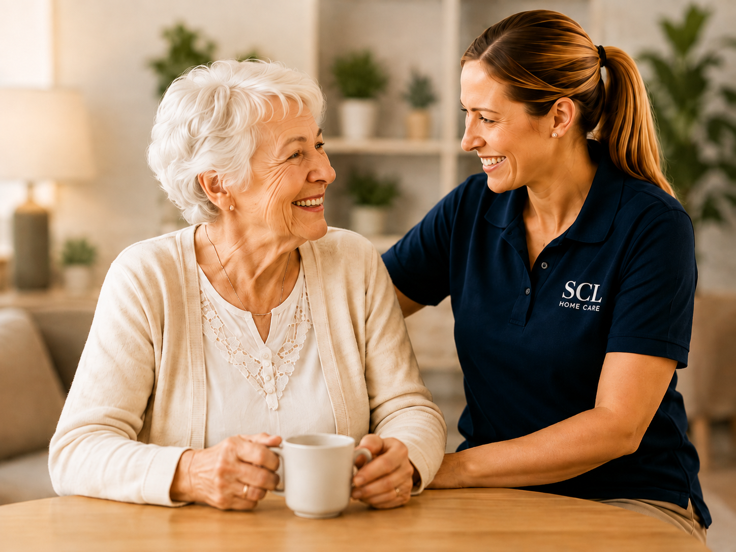 An SCL Home Care support worker holding hands with an older woman